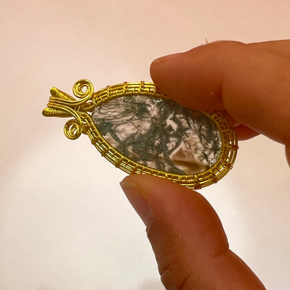 Moss agate gold pendant